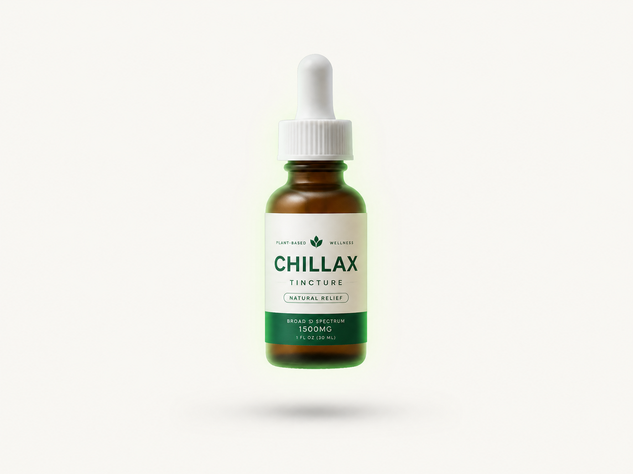 Chillax tincture dropper bottle floating on a soft off-white background