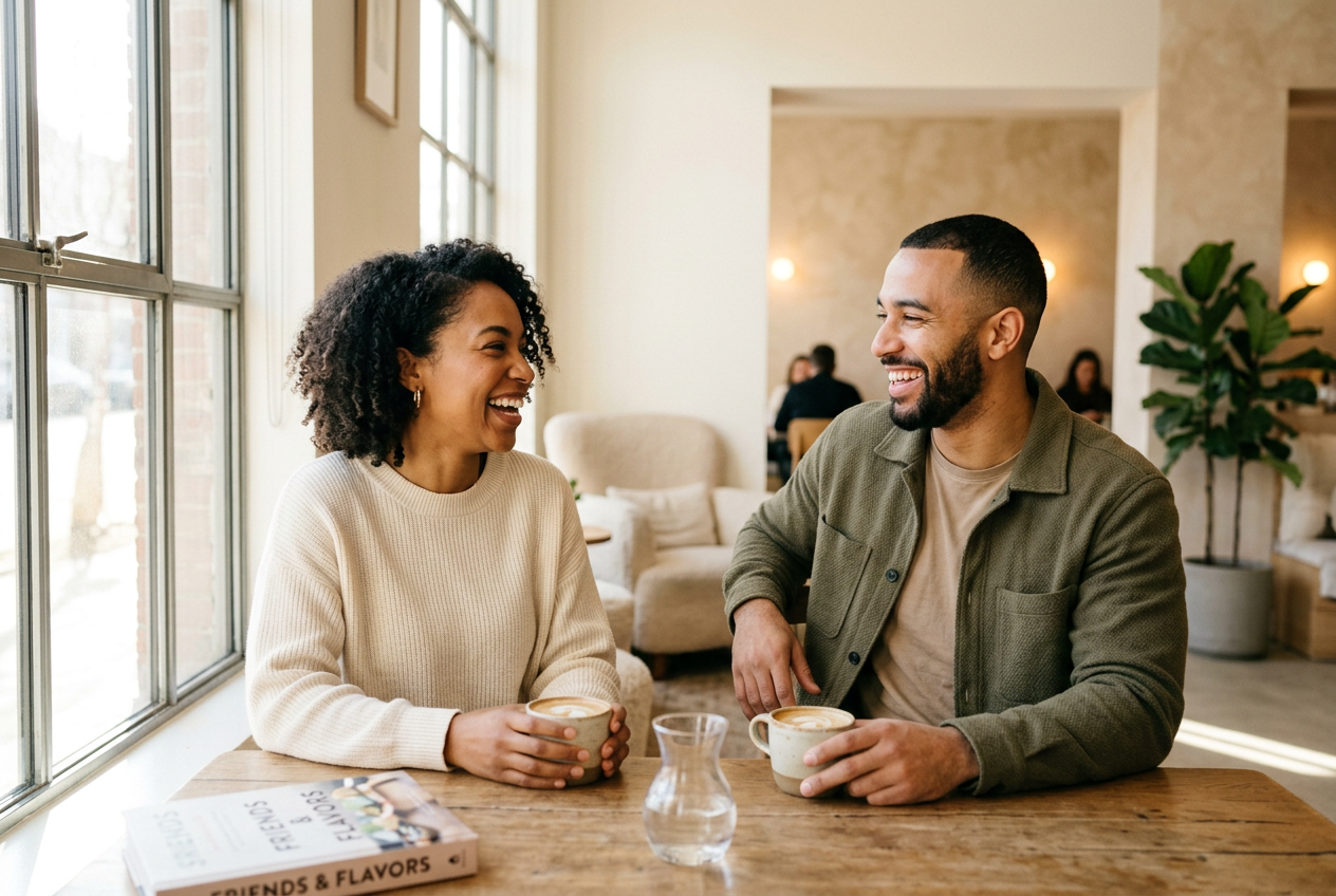 Two friends relaxed and laughing warmly together in a bright, airy space