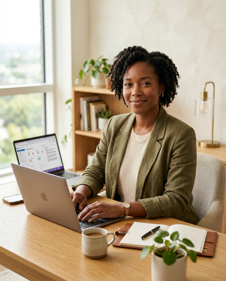 Confident professional woman working calmly and focused at a bright, plant-filled desk