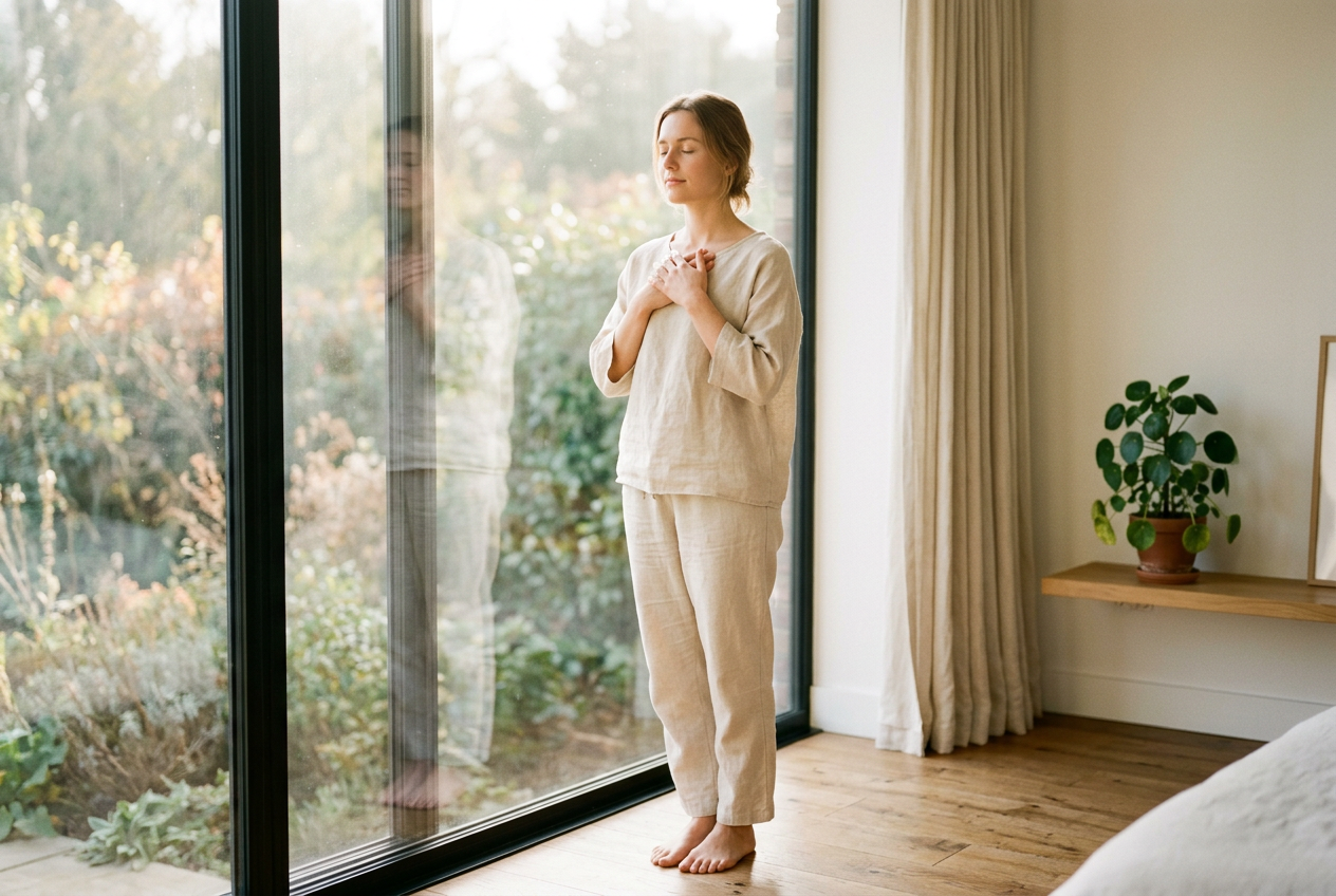 Woman standing calmly by a bright window taking a deep, peaceful breath in the morning light