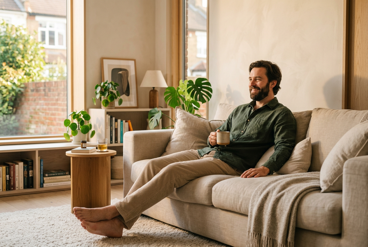 Relaxed man unwinding contentedly on a sofa in a bright living room with a warm drink