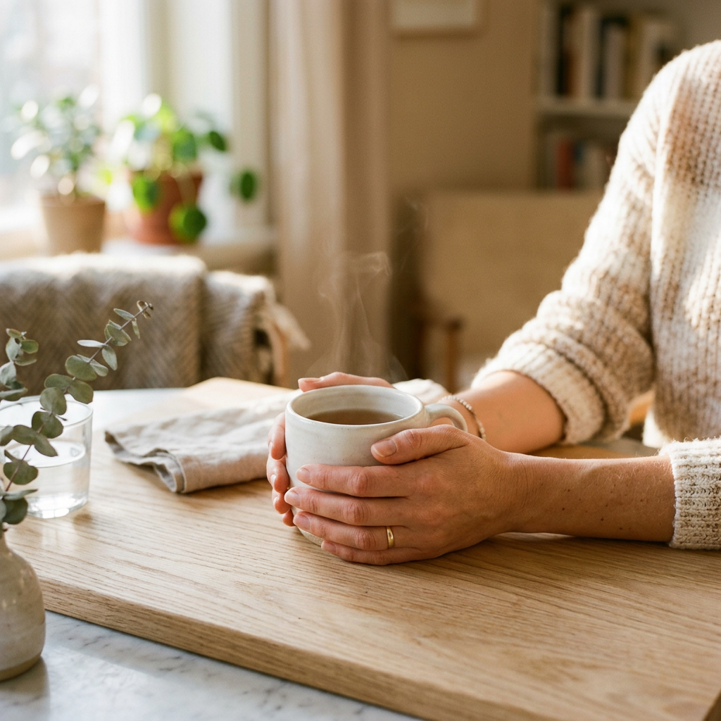A calm morning ritual — hands cradling a warm mug in soft natural light